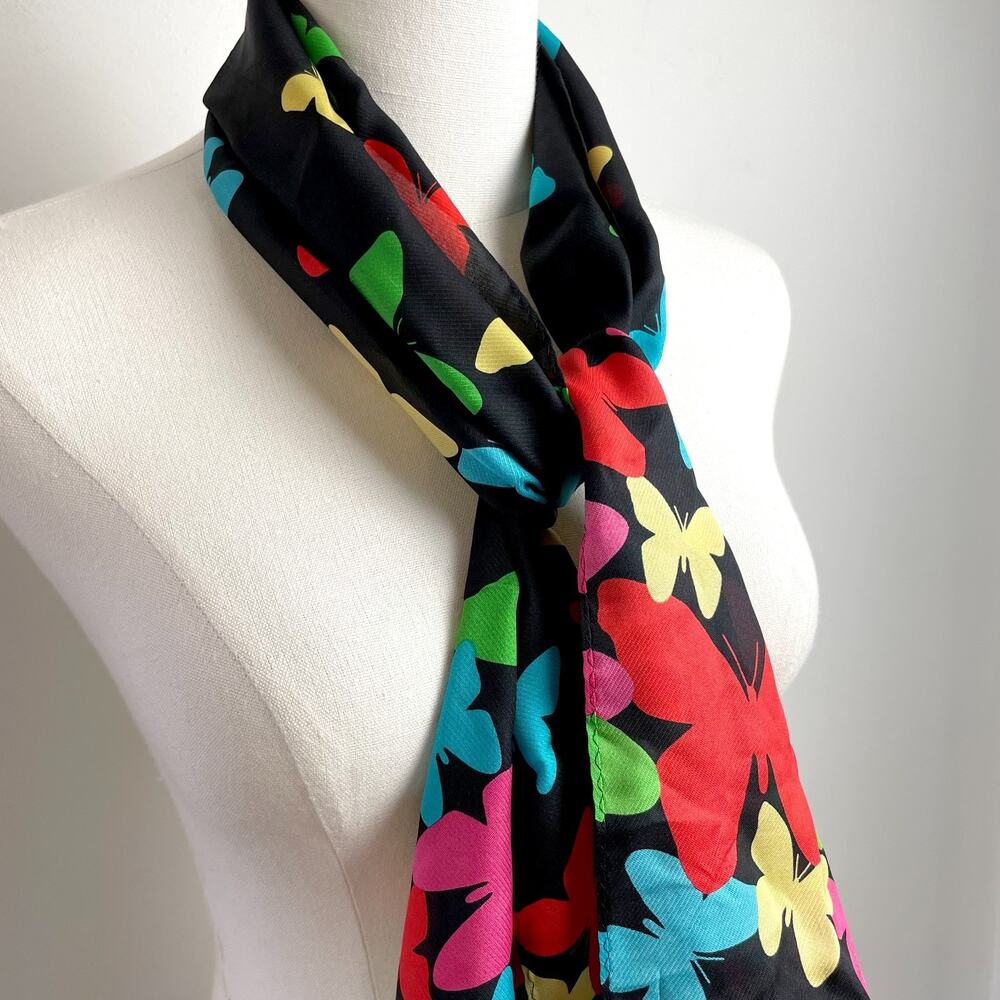 Vintage 90s Y2K Silk Scarf Rectangle Butterflies Colorful Dopamine Maximalist - Picture 4 of 8